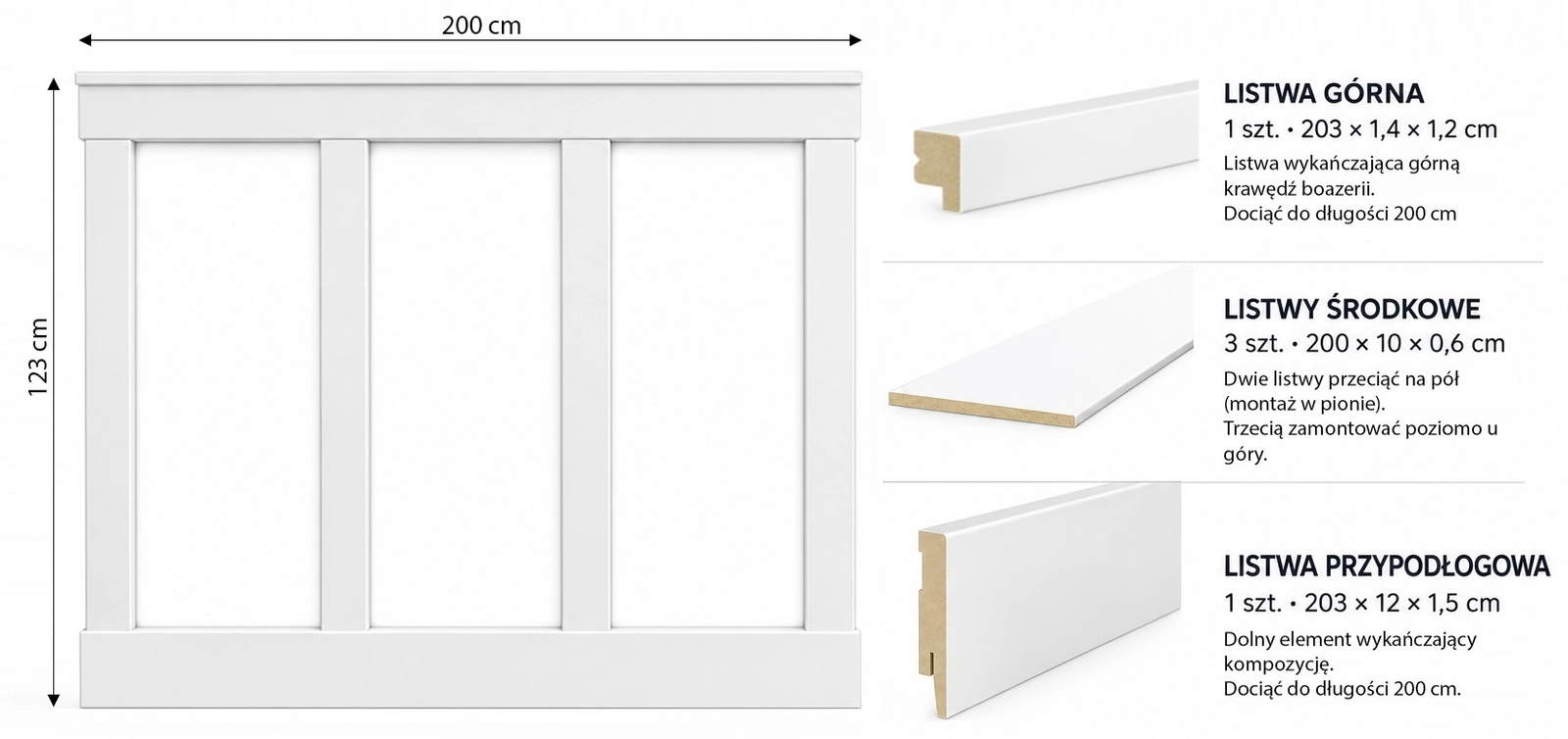 Boazeria ścienna FRAME do malowania - długość 200 cm, wysokość 123 cm + Farba Kaszmir