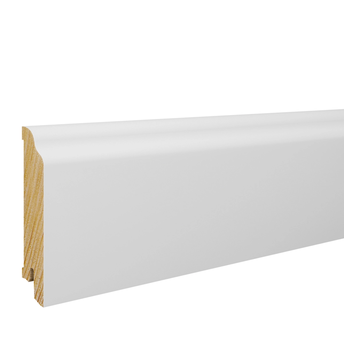 Drewniana listwa przypodłogowa świerkowa Premium – biała, powłoka Polyblend, 8 cm